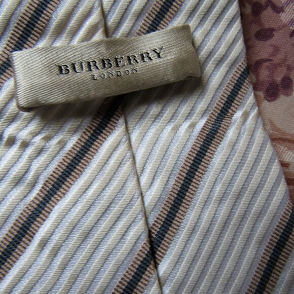 Burberry London 100% Silk Tie Necktie White /light gold, striped made in Italy - Picture 4 of 6